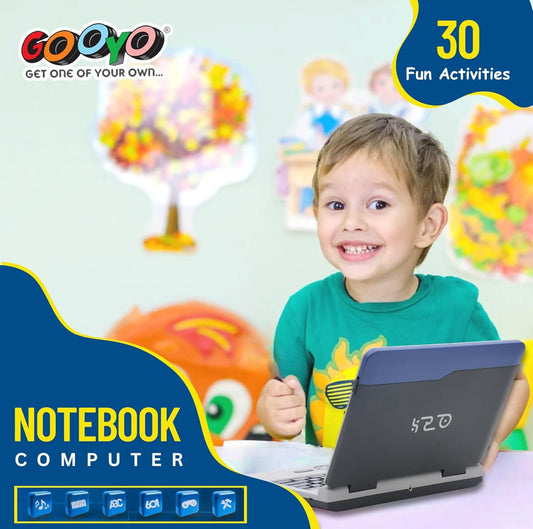 Gooyo GY1041 Plug & Play Notebook Computer Toy with 30 Fun Activities | Educational Toy Laptop for Kids | Grey Color, Dual Power Supply Source: Micro USB Cable (Included) & 3xAA Battery (Not Included)