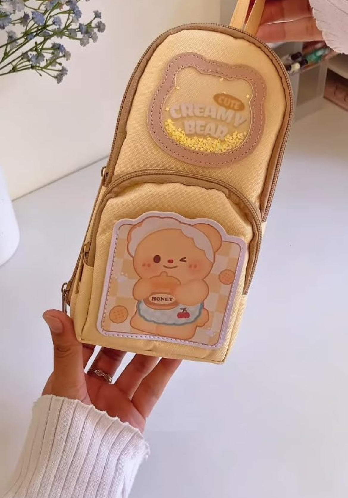 Kawaii Creamy Bear Pencil Case for Girls Cute Zipper Pouch with Honey Bear Canvas Material Design Multi Compartment Stationery Organizer for School & Office Aesthetic Gift for Kids & Teens