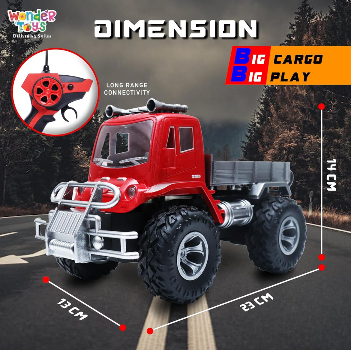Wonder Cargo Truck Off Roader Rechargeable Remote Control Car | 4x4 Cargo Monster Truck | LED Lights | Lithium Battery | C-Type Charging | Remote Control Car for Kids | RC Monster Truck- Red