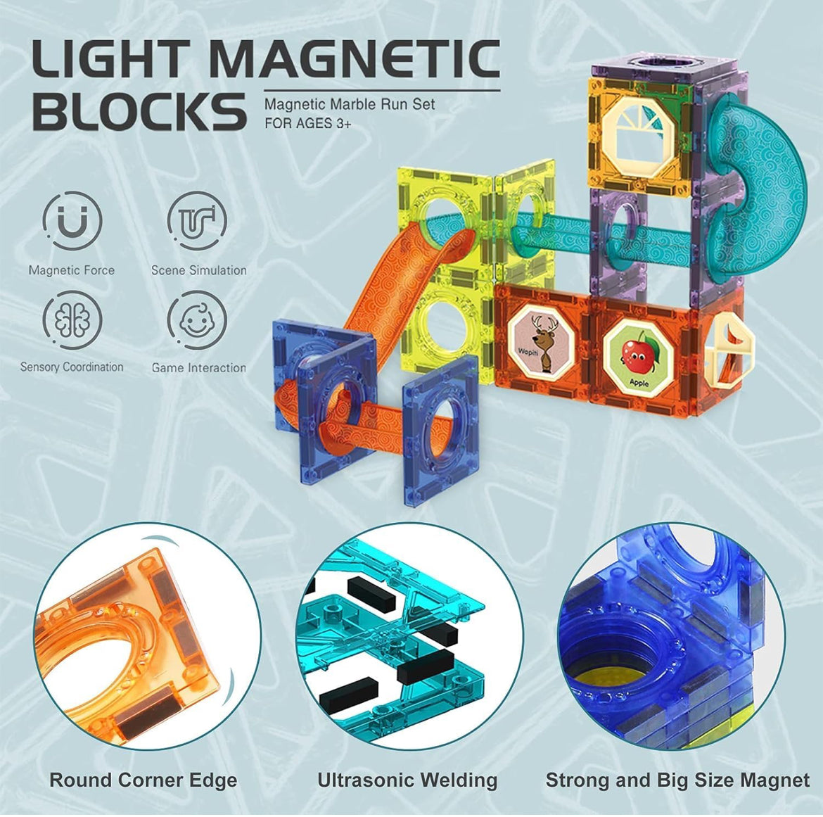Magnetic Tiles, Yotym 75 Piece Light Magnetic Tiles Building Tile for Kids,3D Clear Educational STEM Toys, Marble Run Blocks Toys for Kids Ages 3+Year Old Boys Girls (Magnetic Marble Run Block Set)