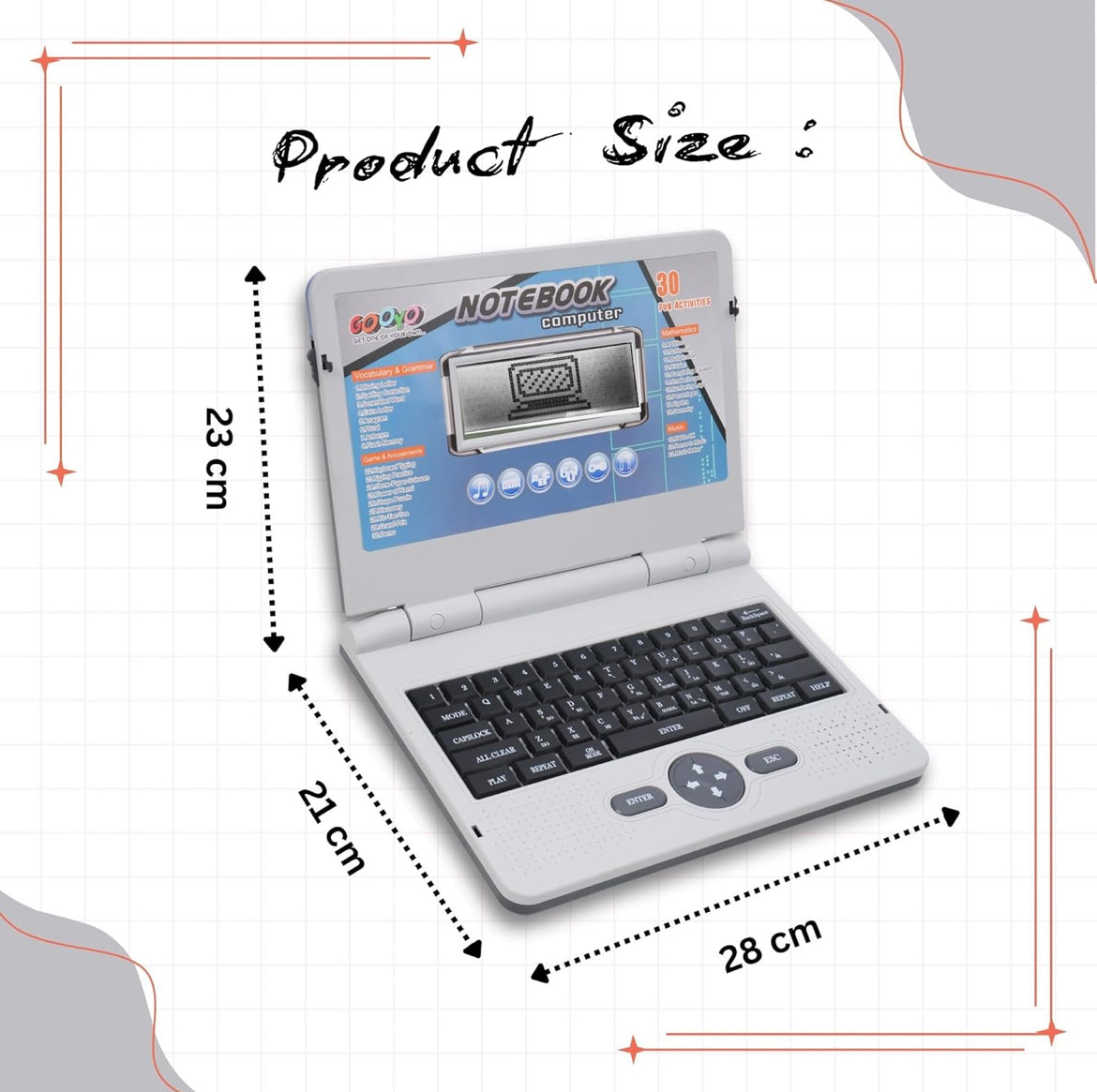 Gooyo GY1041 Plug & Play Notebook Computer Toy with 30 Fun Activities | Educational Toy Laptop for Kids | Grey Color, Dual Power Supply Source: Micro USB Cable (Included) & 3xAA Battery (Not Included)