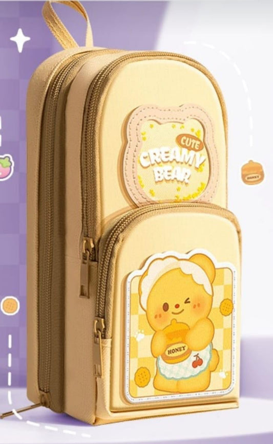 Kawaii Creamy Bear Pencil Case for Girls Cute Zipper Pouch with Honey Bear Canvas Material Design Multi Compartment Stationery Organizer for School & Office Aesthetic Gift for Kids & Teens