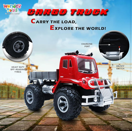 Wonder Cargo Truck Off Roader Rechargeable Remote Control Car | 4x4 Cargo Monster Truck | LED Lights | Lithium Battery | C-Type Charging | Remote Control Car for Kids | RC Monster Truck- Red