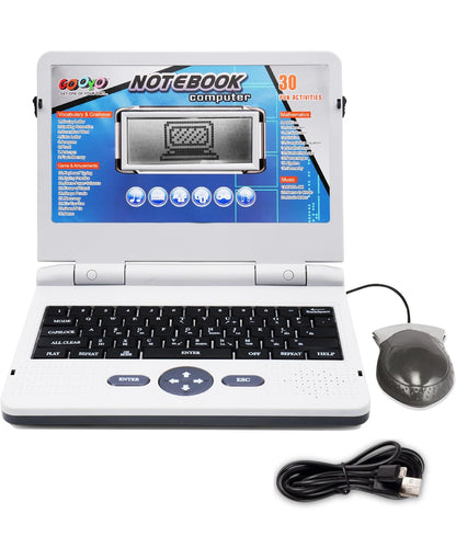 Gooyo GY1041 Plug & Play Notebook Computer Toy with 30 Fun Activities | Educational Toy Laptop for Kids | Grey Color, Dual Power Supply Source: Micro USB Cable (Included) & 3xAA Battery (Not Included)