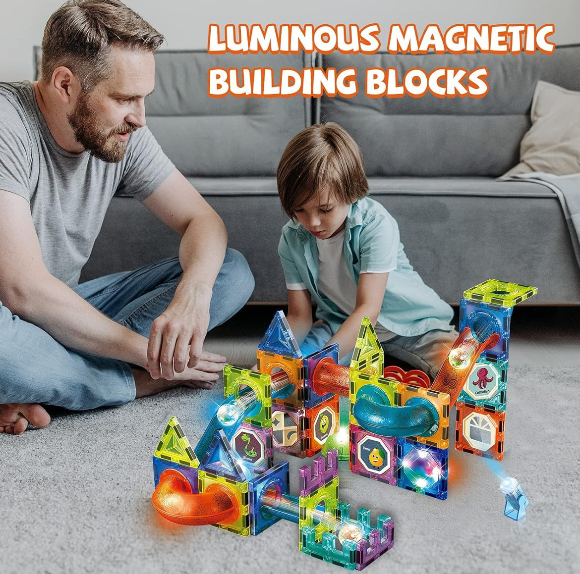Magnetic Tiles, Yotym 75 Piece Light Magnetic Tiles Building Tile for Kids,3D Clear Educational STEM Toys, Marble Run Blocks Toys for Kids Ages 3+Year Old Boys Girls (Magnetic Marble Run Block Set)