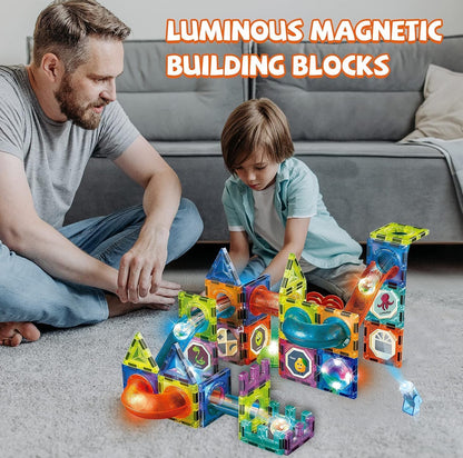 Magnetic Tiles, Yotym 75 Piece Light Magnetic Tiles Building Tile for Kids,3D Clear Educational STEM Toys, Marble Run Blocks Toys for Kids Ages 3+Year Old Boys Girls (Magnetic Marble Run Block Set)