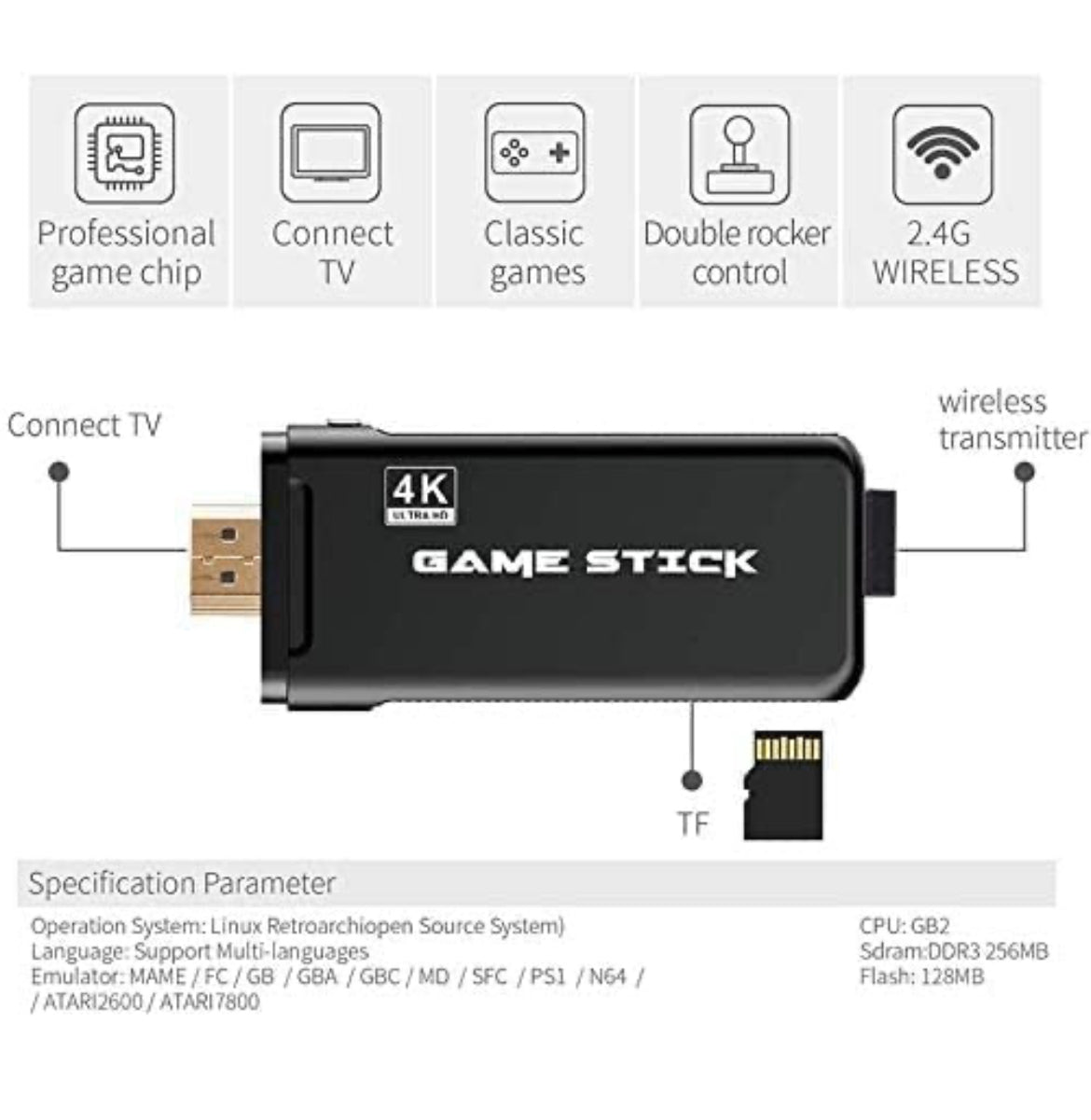 Wireless video games for tv gaming Retro gaming console with Game Stick 1080p Plug & Play TV Video Game Set for 2 player with 9Emulator for Kids & Old School Station Video Game