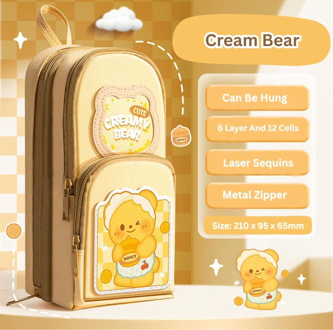 Kawaii Creamy Bear Pencil Case for Girls Cute Zipper Pouch with Honey Bear Canvas Material Design Multi Compartment Stationery Organizer for School & Office Aesthetic Gift for Kids & Teens