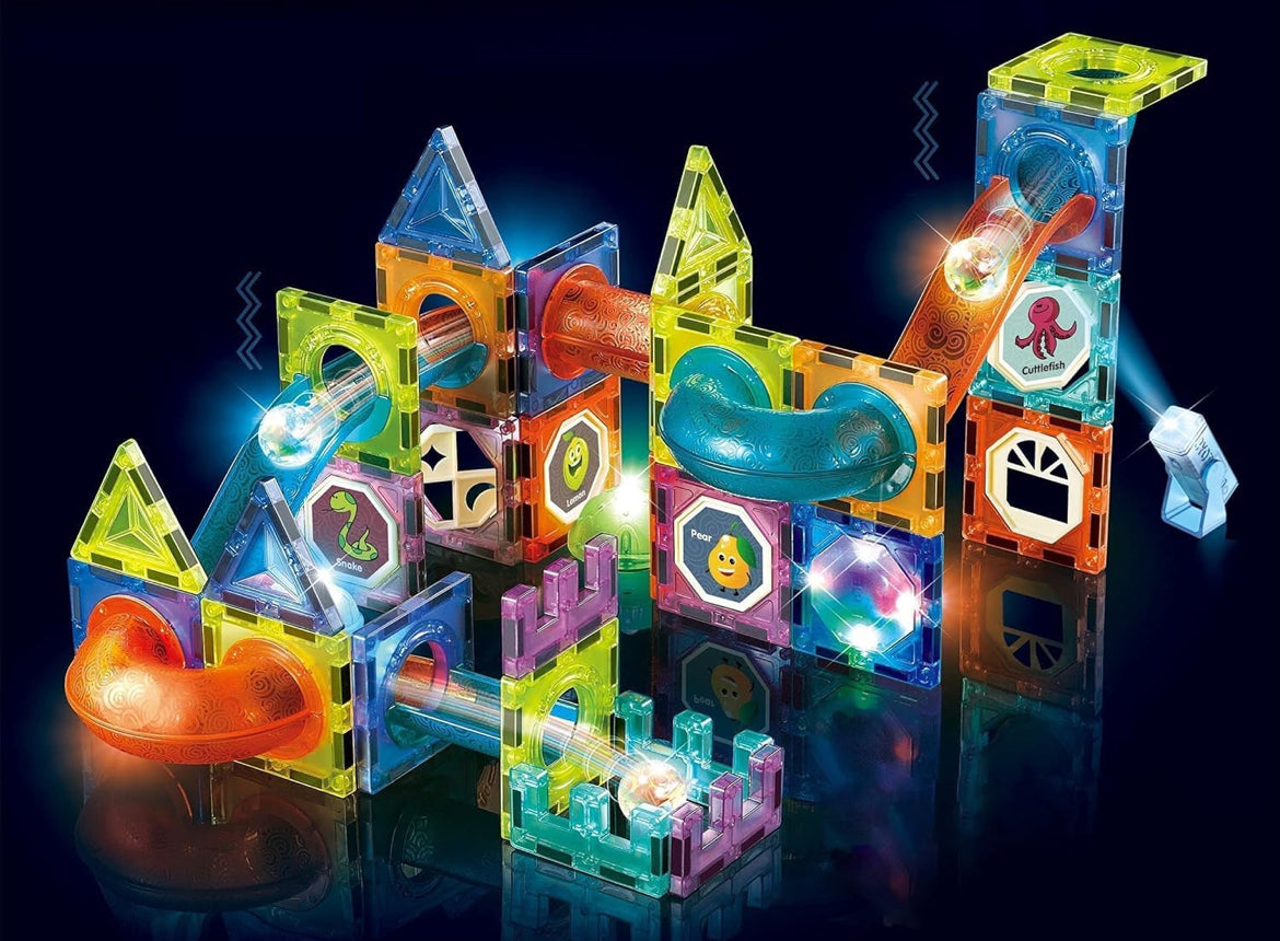 Magnetic Tiles, Yotym 75 Piece Light Magnetic Tiles Building Tile for Kids,3D Clear Educational STEM Toys, Marble Run Blocks Toys for Kids Ages 3+Year Old Boys Girls (Magnetic Marble Run Block Set)