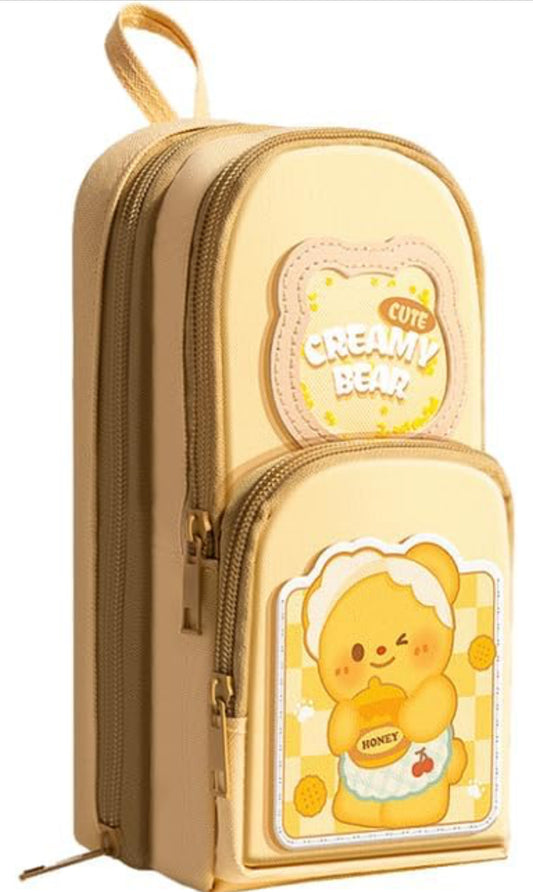 Kawaii Creamy Bear Pencil Case for Girls Cute Zipper Pouch with Honey Bear Canvas Material Design Multi Compartment Stationery Organizer for School & Office Aesthetic Gift for Kids & Teens