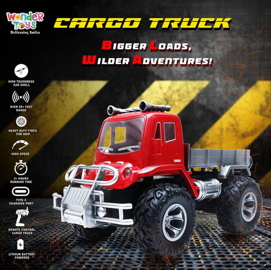 Wonder Cargo Truck Off Roader Rechargeable Remote Control Car | 4x4 Cargo Monster Truck | LED Lights | Lithium Battery | C-Type Charging | Remote Control Car for Kids | RC Monster Truck- Red